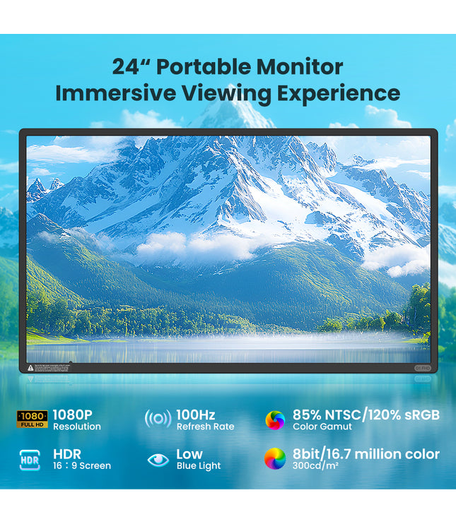 Hyangin D1 24" Portable Monitor (2025 Upgrade), 1080P FHD, 100Hz, 120% sRGB IPS, Adjustable Stand for Laptop, MacBook & Phones