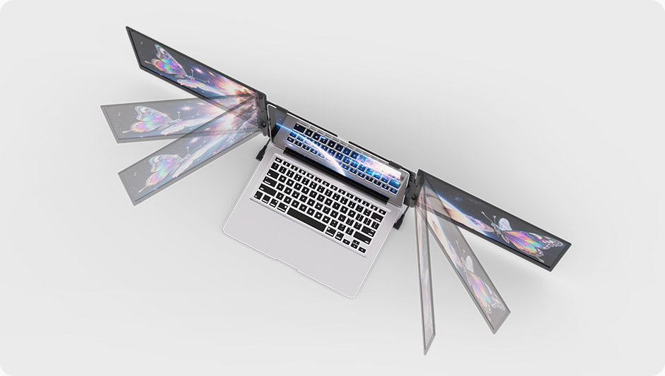 Each screen features an independent hinge supporting 0-180° rotation, allowing you to create a panoramic view, a triangular presentation mode, or fold it flat for face-to-face sharing.