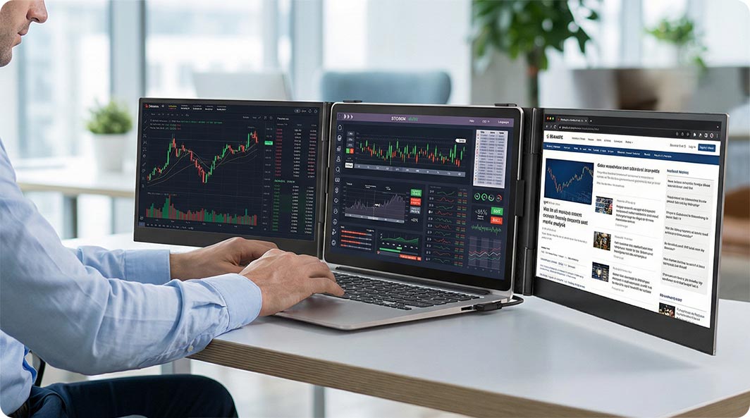 Monitor real-time K-line trends on the left, read financial news on the right, and execute trades on the center screen