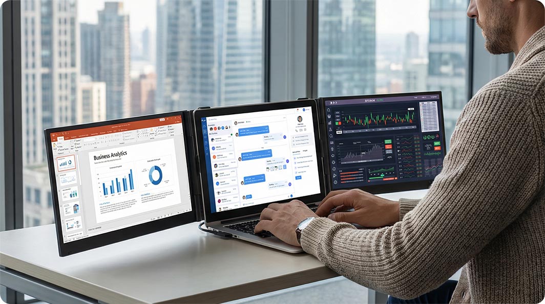 Drag data sources and images to the side screens while crafting the perfect slide deck on your main display